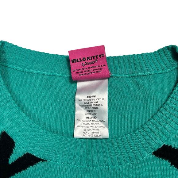 Sanrio Hello Kitty Womens Sz M Teal Black Crewneck Pullover Sweater Kawaii Cute - Picture 9 of 9